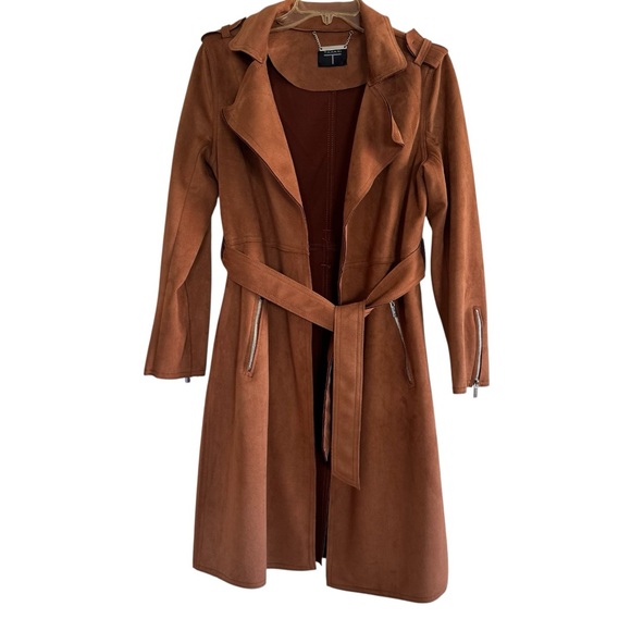 T Tahari Brown Amber Faux Leather Coat Open Front Long Belted Layering M - Picture 2 of 7